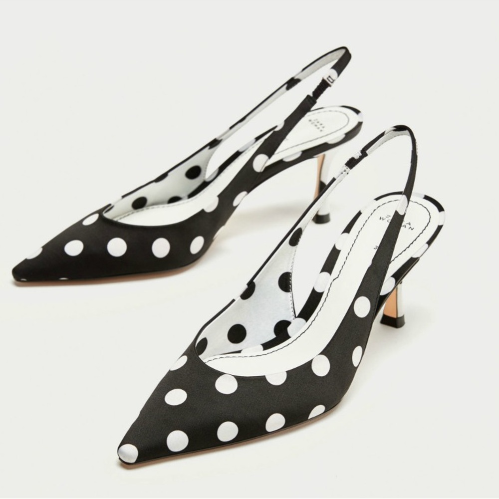 Zara Black White Polka Dot Slingback Heel US 11 EU 42